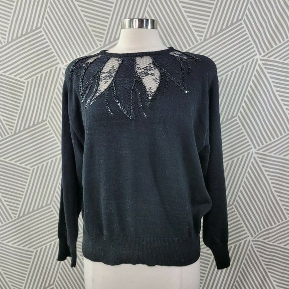 Vintage size Large Sweater Lace Cut out Sequin Dark Academia Black Goth alt - Picture 1 of 7